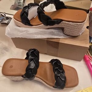 Women's Black Braided Sandals, Espadrille Wedge. New. Fisace. Size 9